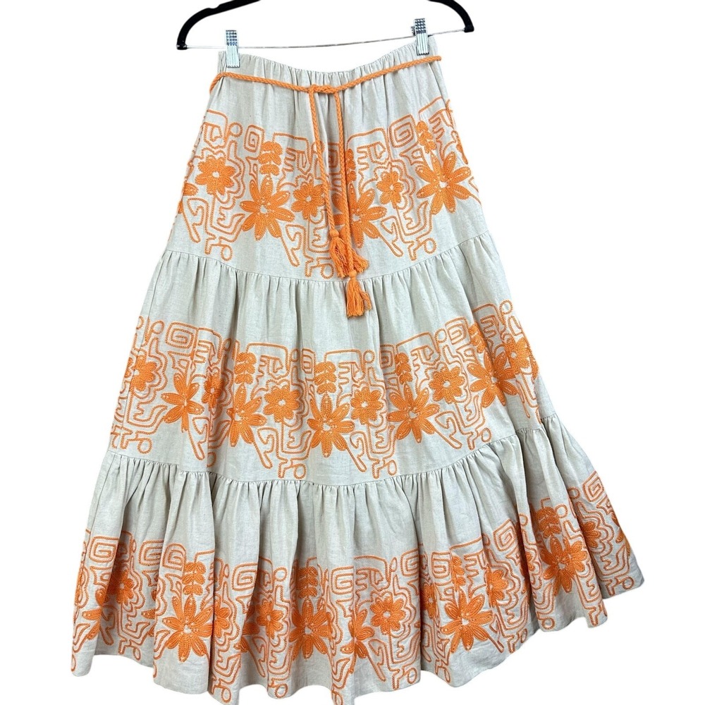 Maje Skirt Womens 36 Orange Floral Embroidered Maxi Boho Cotton Blend NWT 222JIN